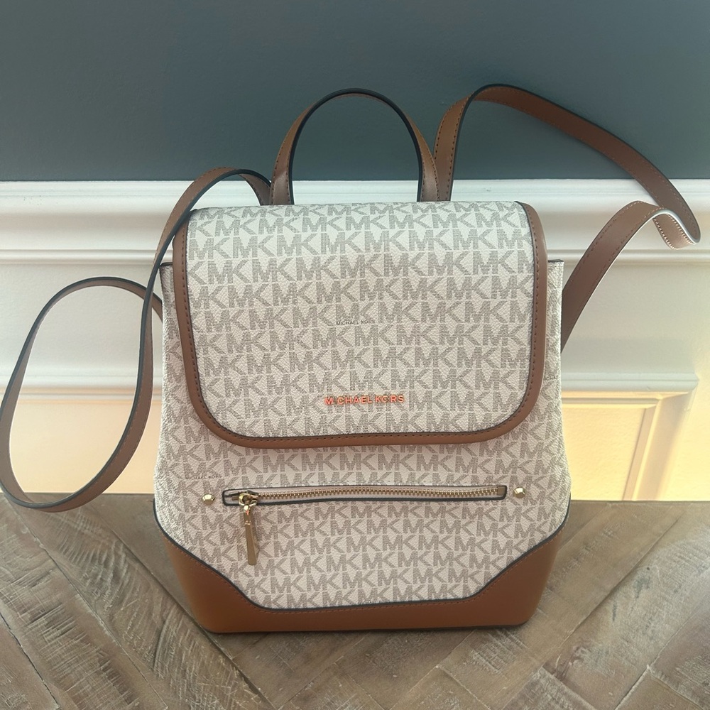 Michael Kors Beige Logo Convertible Backpack with Brown Trim